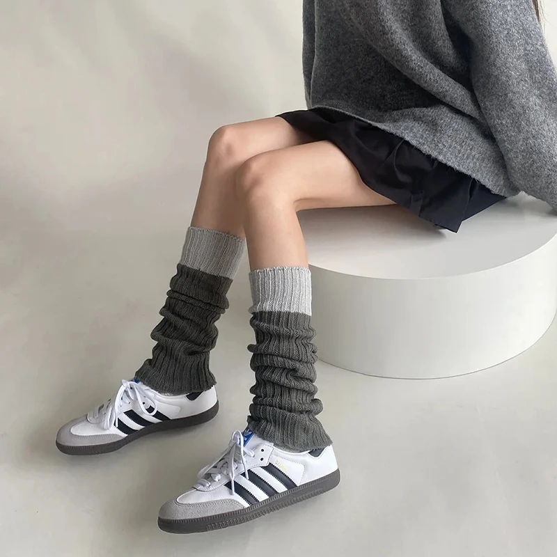 Autumn Winter Lolita Contrast Color Thermal Long Socks Foot Cover Cute Girl Slim Calf Stockings Women Knitting Wool Leg Warmer
