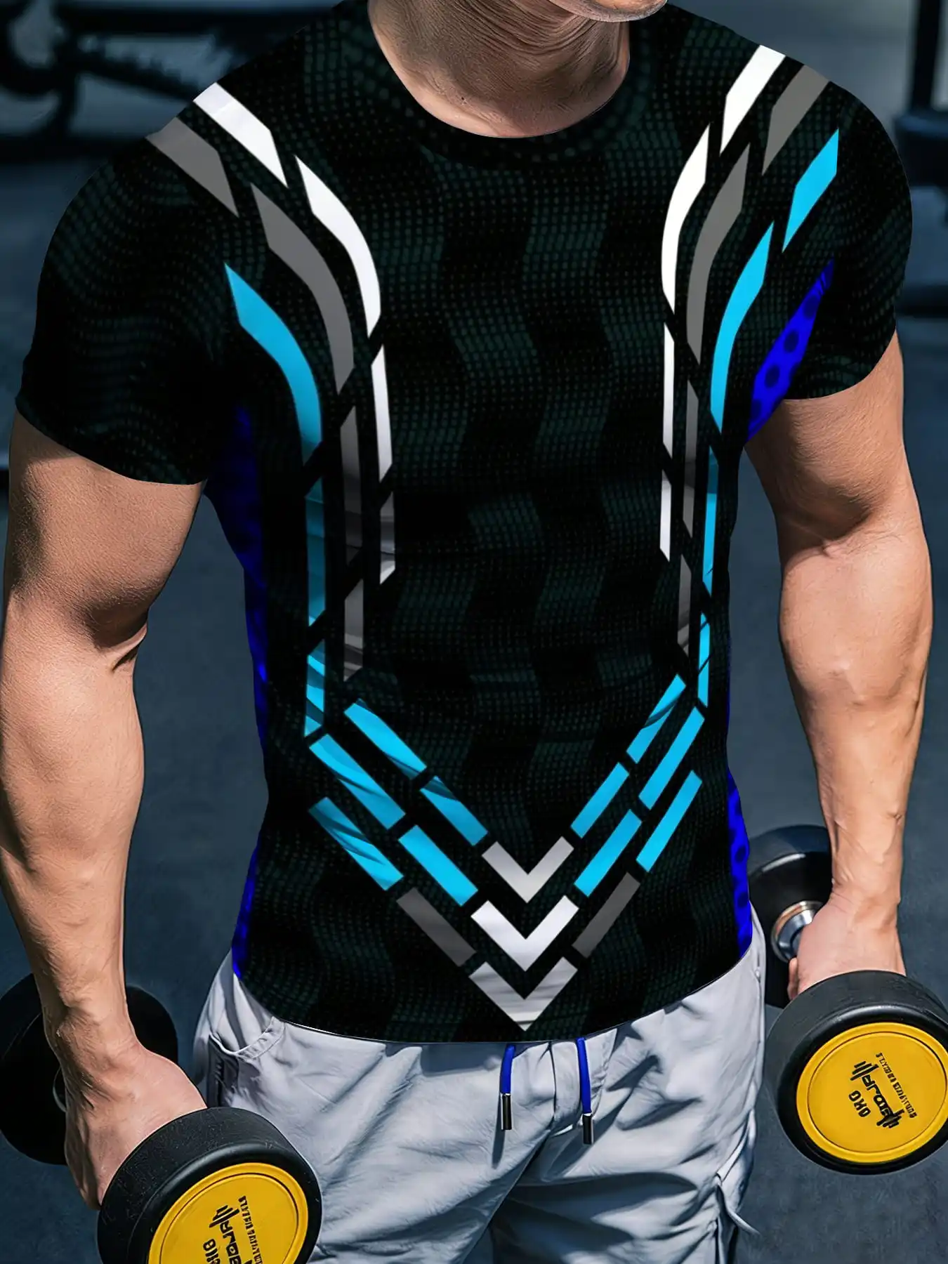 T-shirt de sport à compression pour homme, haute élasticité, séchage rapide, bleu et blanc, imprimé géométrique en V, manches courtes, pour la course à pied et l'entraînement en salle de sport