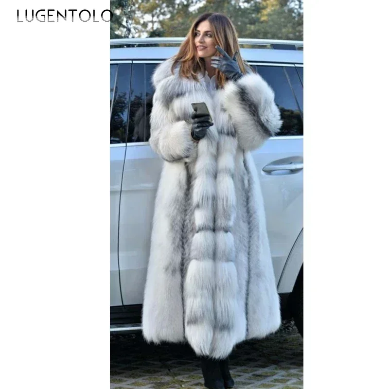 Women Faux Fur Coat Winterf Fashion Warm X-Long Large Size Coats Solid Hooded Lady Loose Open Stitch New 2024 Elegant Cloth