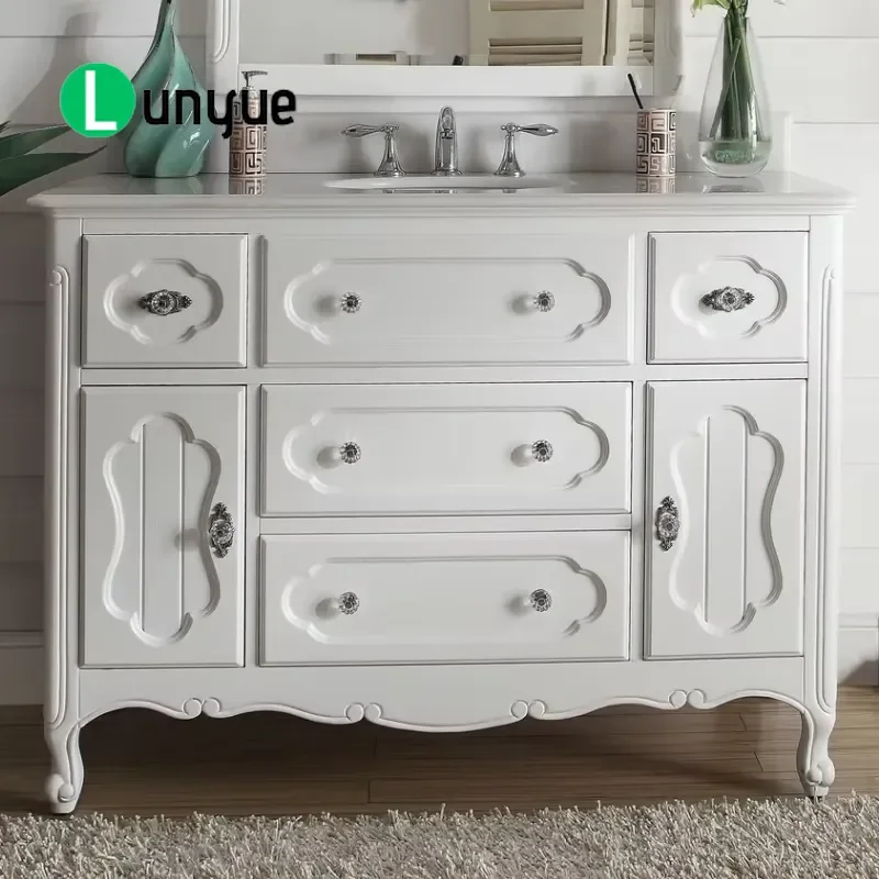 Solid Wood Bathroom Vanity with Natural White Marble Top Traditional Luxury American Style Eco-friendly Floor Standing