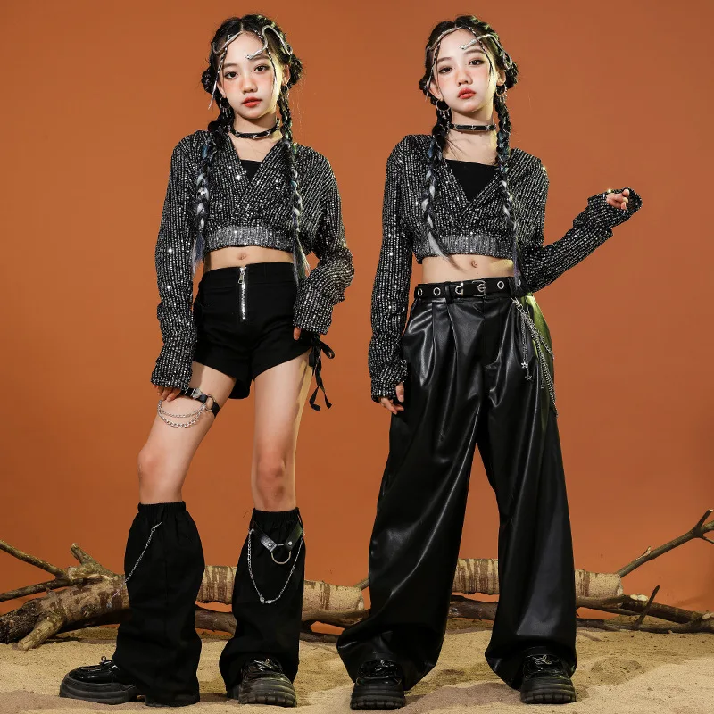 Trajes de dança jazz das crianças menina preto e prata lantejoulas passarela trajes de dança jazz das crianças trajes de dança de rua feminino