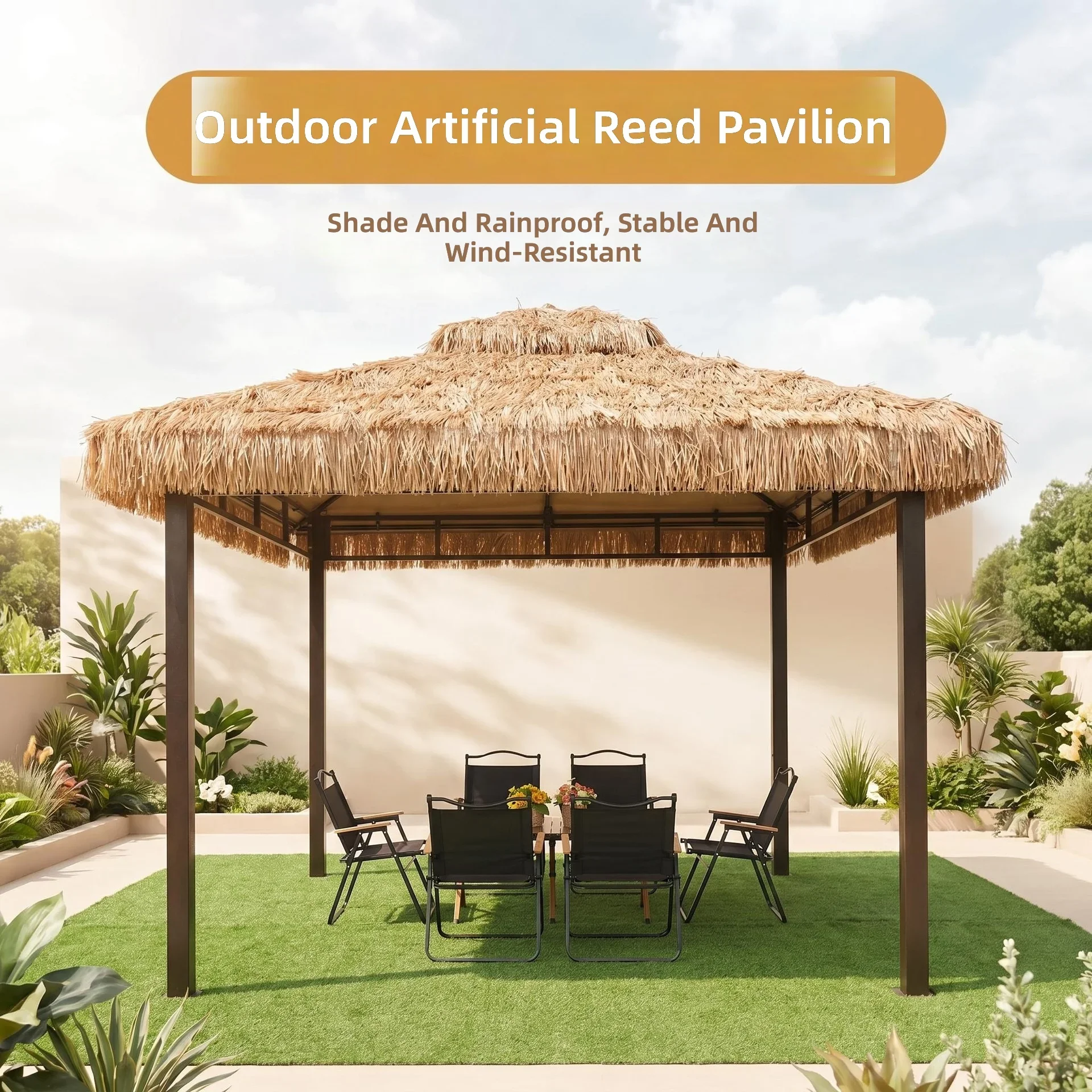 #Outdoor Thatched Pavilion, Sun Shade Umbrella Tent, Realistic Straw Roof Gazebo, Rain Shelter for Garden Patio, 2023 New Design
