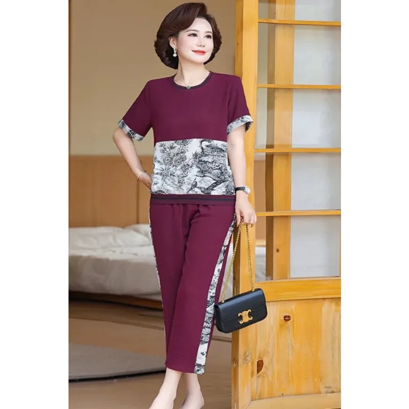 

Женский летний комплект из 2 предметов: топ с коротким рукавом и брюки с цветочным пэчворком, повседневный спортивный костюм для мам