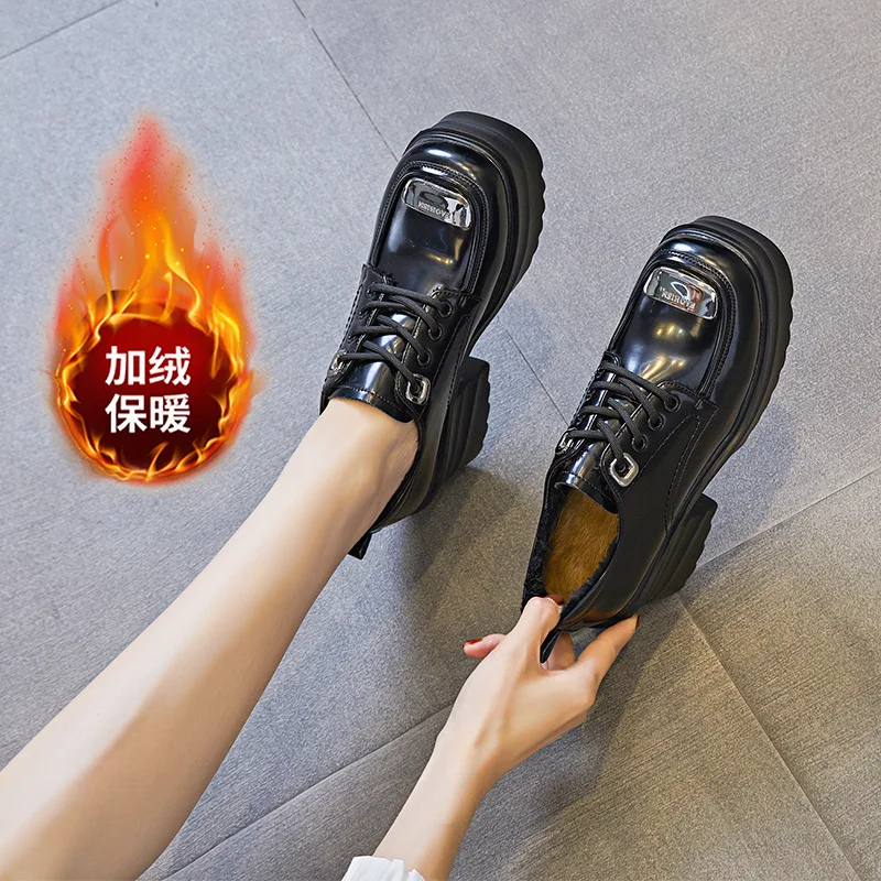 

English style small leather shoes, plush women's shoes, student gatherings, single shoes, lace up, elevated Lefu shoes