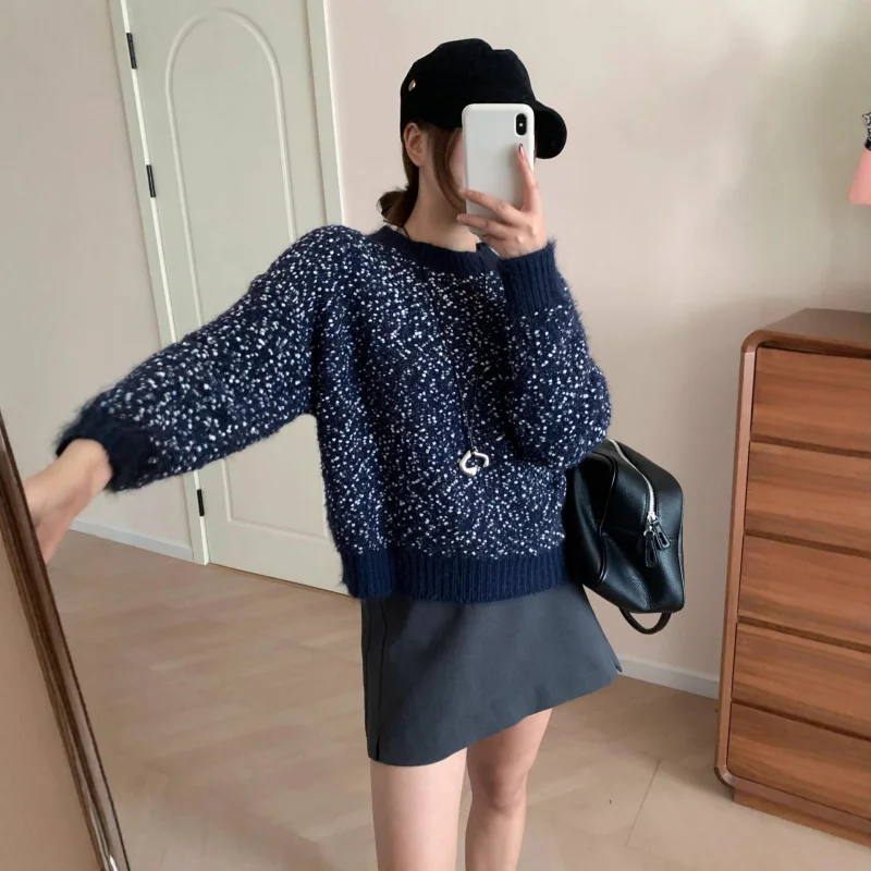 

Корейский стиль, нежный свитер с круглым вырезом, трикотаж, женский осенне-зимний новый универсальный нежный свободный мягкий нишевый женский костюм