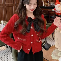 New Single Breasted Cardigans Neploe Thicked Warm O-neck Bow Knitted Tops Women Y2k Long Sleeve Sweaters Coat 2024 Autumn Winter