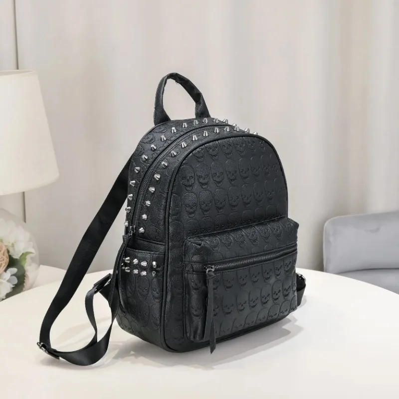 Punk Style PU Leather Bag Fashion Rivet Travel Goth Skull Embossed Backpack for Women Studded Decor Daypack