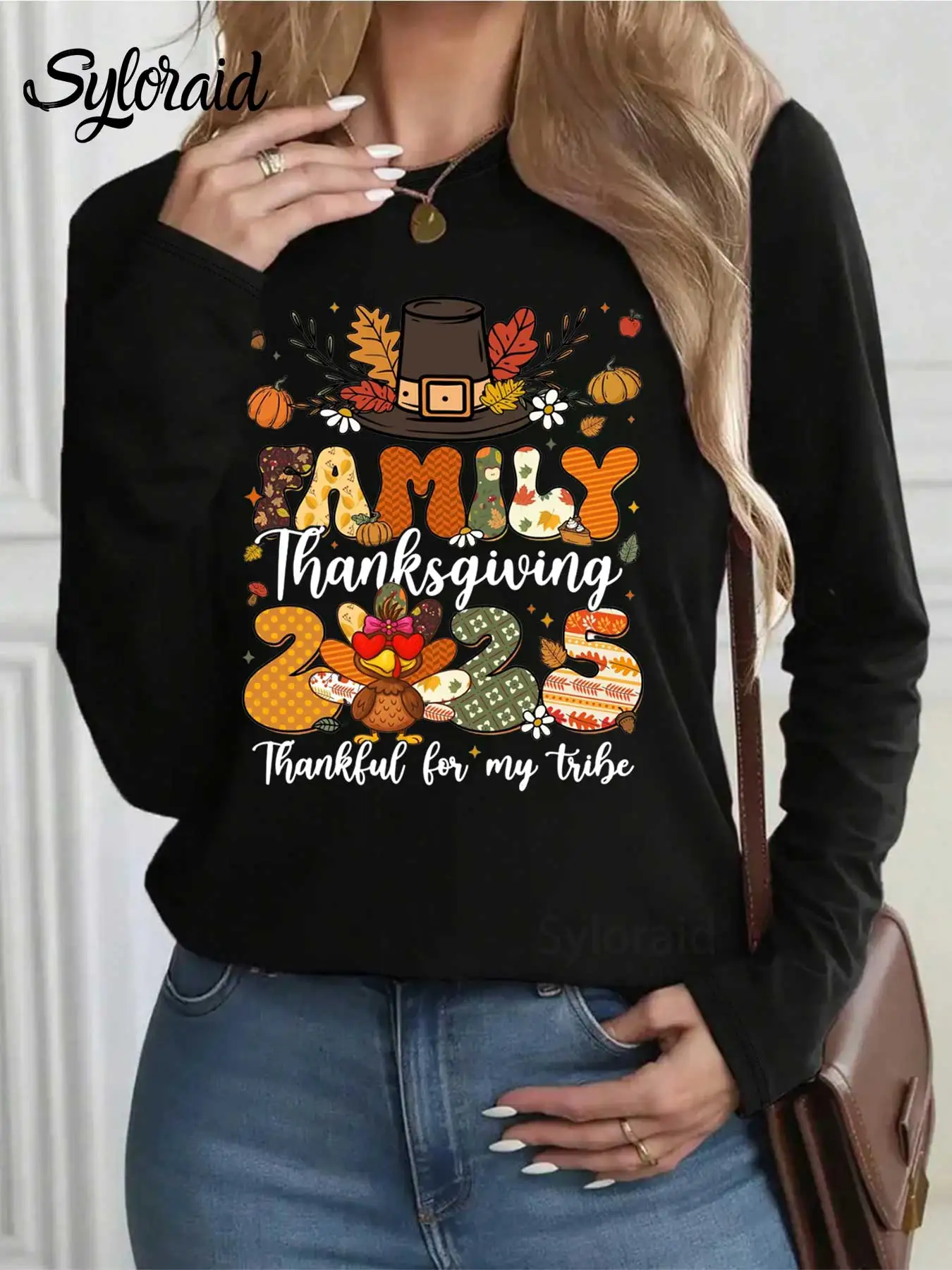 Damska koszulka z długim rękawem na Święto Dziękczynienia 2025, koszulka z motywem indyka, koszulka na spotkanie rodzinne, modna koszulka z okrągłym dekoltem, codzienna bluzka.