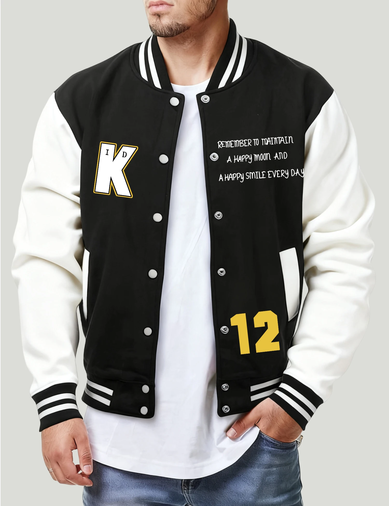 

Мужская куртка с принтом Happy Moon And K 12, осенняя свободная бейсбольная майка, повседневная флисовая уличная одежда, унисекс, американское пальто на пуговицах