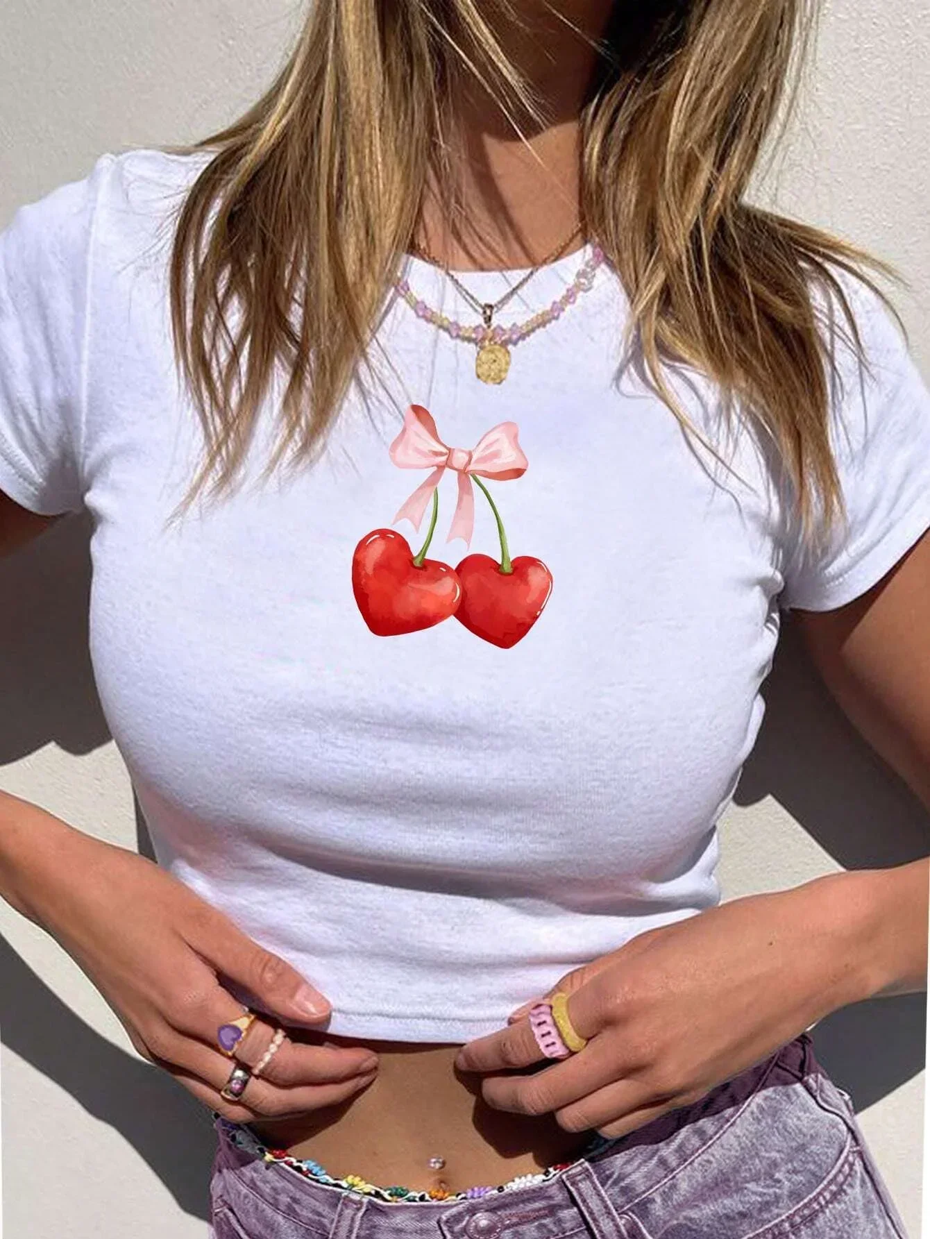 

Casual Simple Cherry Print Round Neck Short Sleeve Slim Summer Women's Right Shoulder Slim Fashion T-Shirt