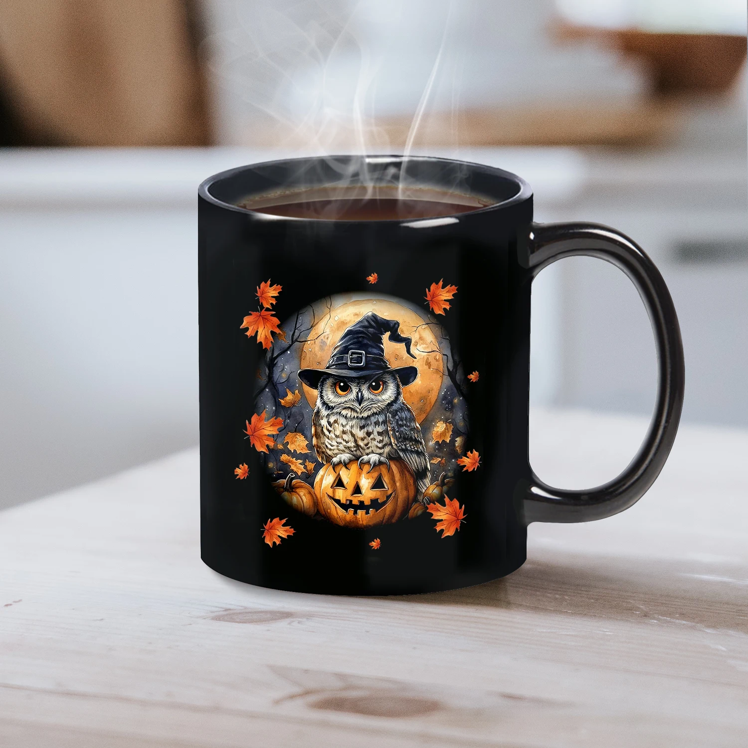 1pc,Owl Witch and Pumpkin Halloween Mug,maple leaves 11oz Ceramic Coffee Cups, Novelty Halloween Gifts (Black)