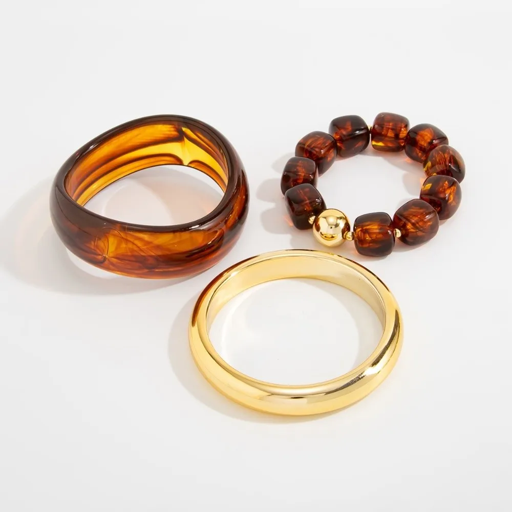 3Pcs/set Vacation Style Resin Bangle Plain Metal Bead String Bead Bracelet Elastic Cord Gradient Resin Metal Wrist Band