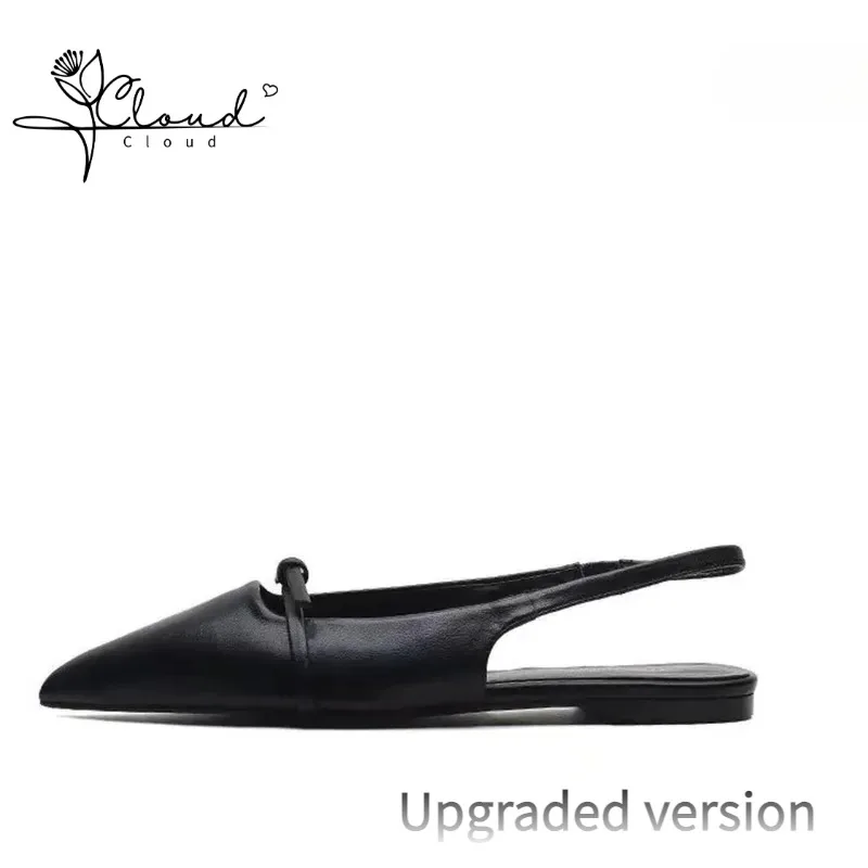 New Women's Black Sheepskin Leather Open Heel Atmosphere Exquisite Concise Outdoor Pointed Flat Chic Style Ballet Sandals 