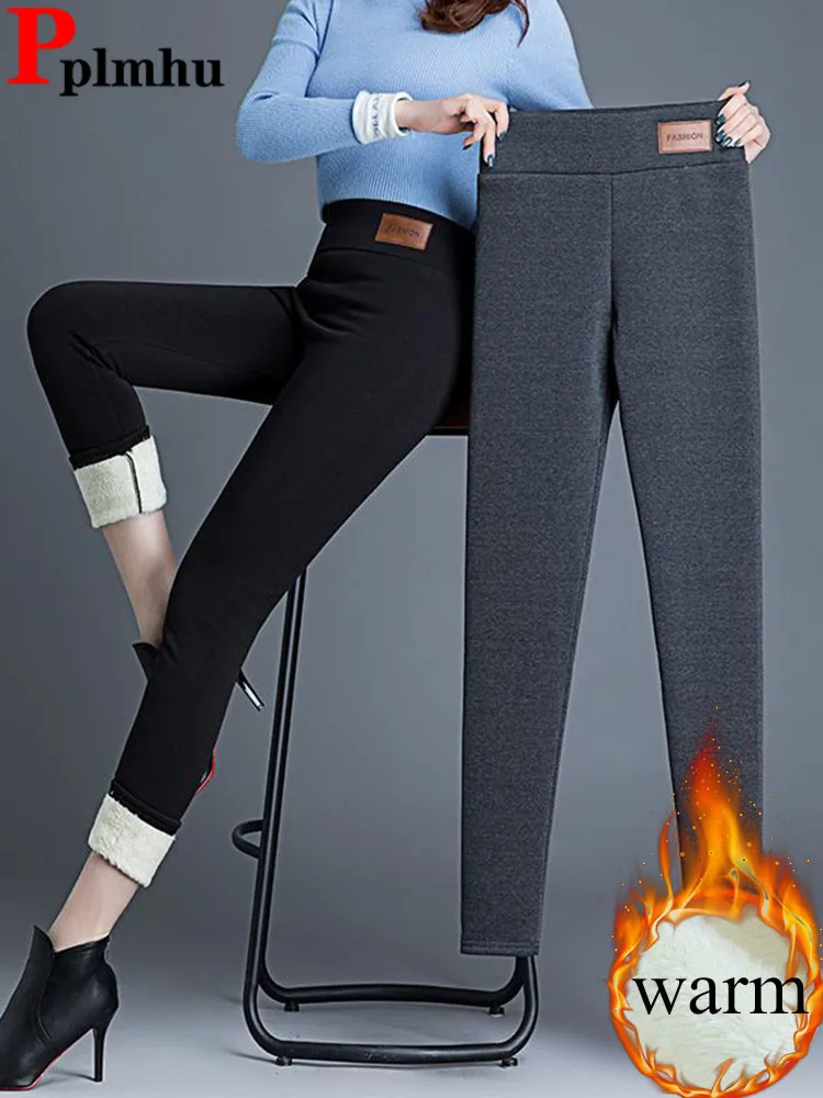 

Snow Wear Slim Thicken Pencil Pants Winter Warm Elastic High Waist Fleece Lined Leggings Calca Women Casual Solid Pantalones New
