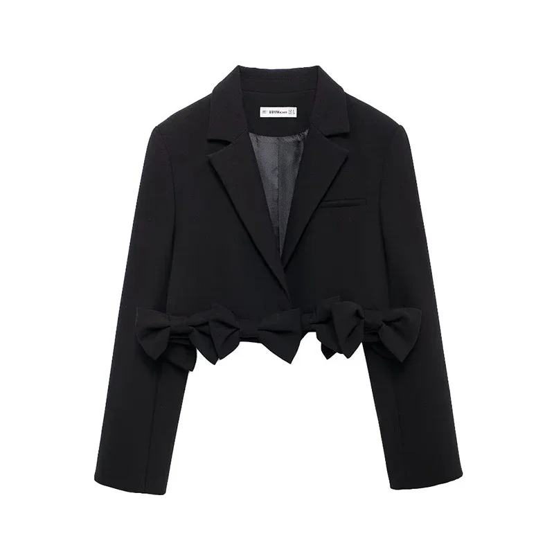 Women Fashion With Bow Black Cropped Blazer Vintage Notched Neck Long Sleeves Female Office Lady Outfits