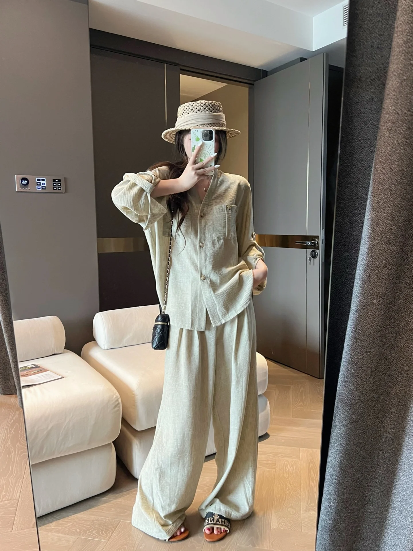 

MRS SHAO Retro Casual Linen Shirt Wide Leg Pants Two Piece Set Women Loose Design Spring Summer Fashion Ensemble