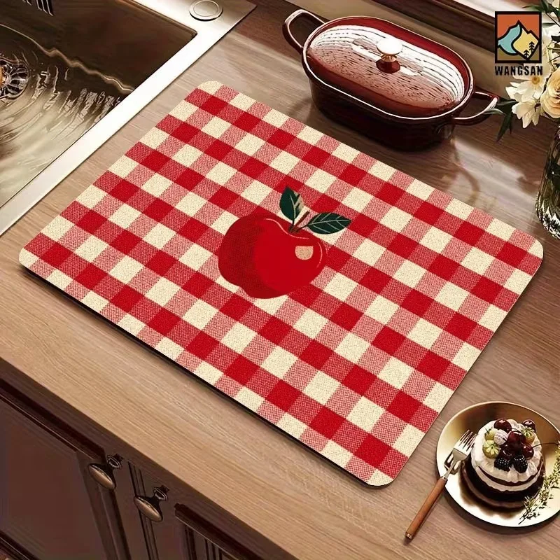 Cute Red Gingham Dish Drying Mat Apple Pattern Kitchen Counter Mat Retro Plaid Coffee Bar Pad Fruit Absorbent Placemat