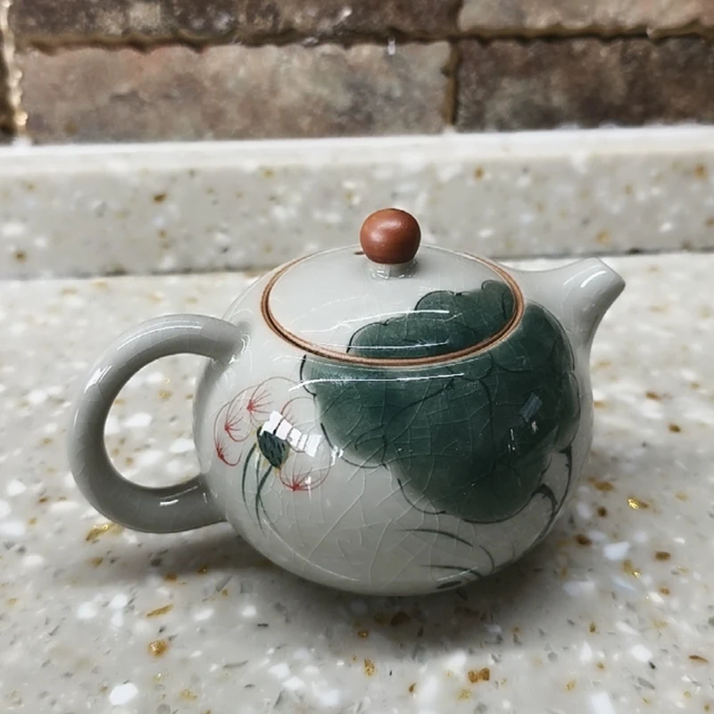 

Chinese Style Ceramic Lotus Flowers Pattern Ice Crack Teapot, Creative Porcelain Kung Fu Teaware, Household Indoor Supplies, 1Pc