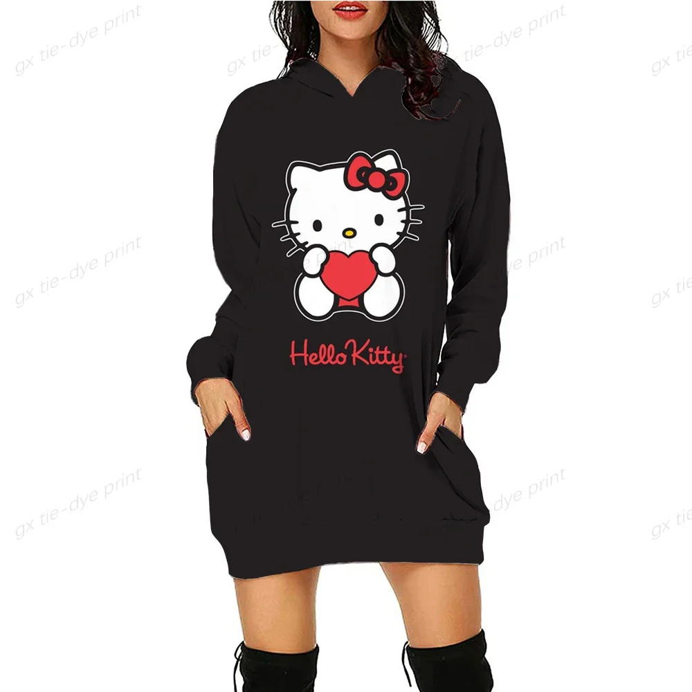 Japan Anime Hoodies Dresses Women Sweatshirts Hello Kitty Print Autumn Long Pocket Print Sweatshirts Tops Casual Ladies Pullover