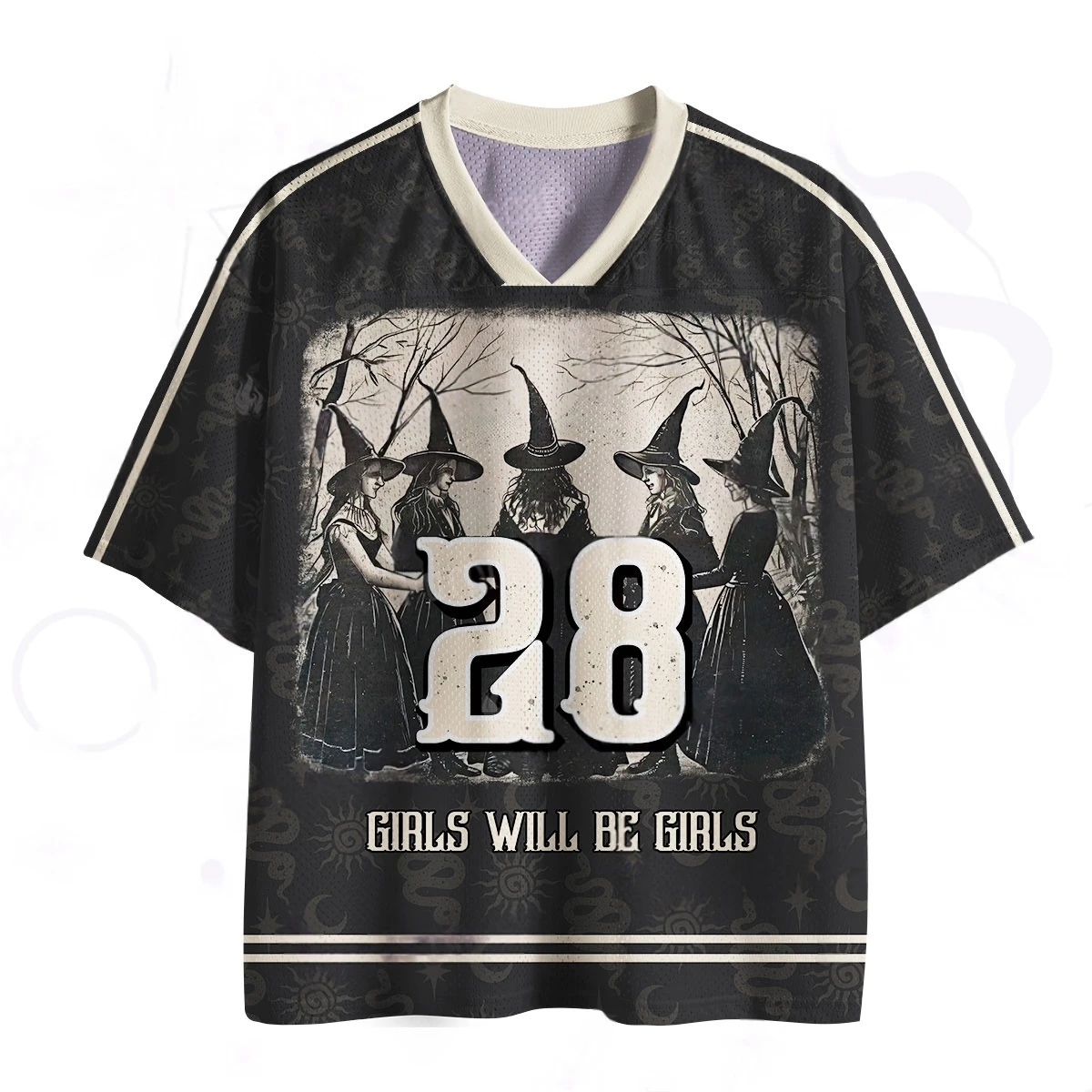 2026 Hotsale Vintage Witch Coven Mesh Jersey, Girls Will Be Girls Graphic Unisex V-Neck Sports Tee, Halloween Gothic Streetwear