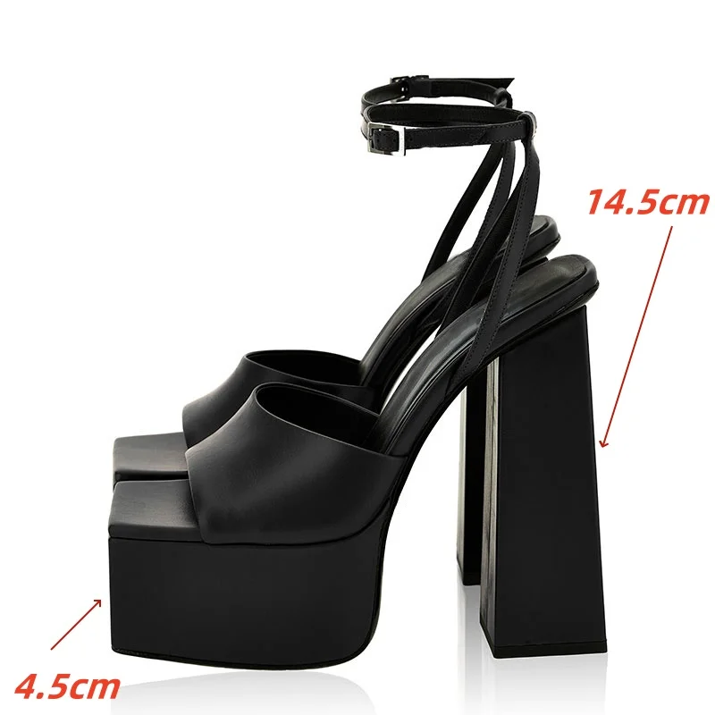 2025 European and American Fashion Super High Heel Square Head Thick Bottom Open Toe Sandals Women's Sexy Buckle Strap Sandals