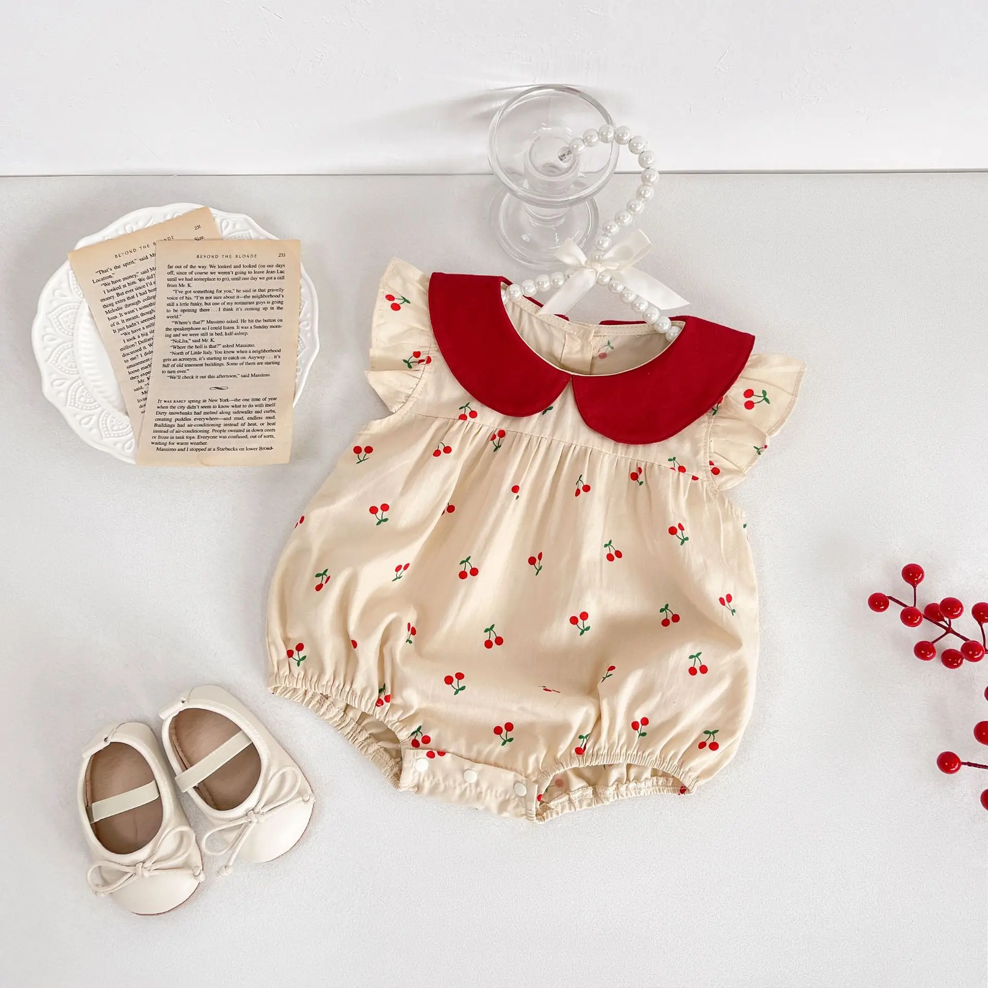 

0-3T New Summer Baby Onesies Dress Korean INS Retro Cherry Flying Sleeves Bag Doll Collar Ha-shirt Comfortable Jumpsuits