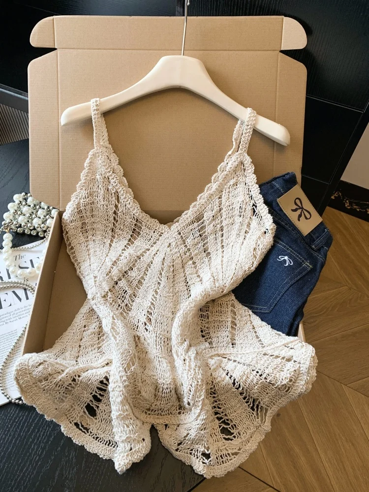 

Retro Hollow out V-Neck Knitted Tank Top Women's Summer New Style Age-Defying Outerwear Layered Upper Body Breathable