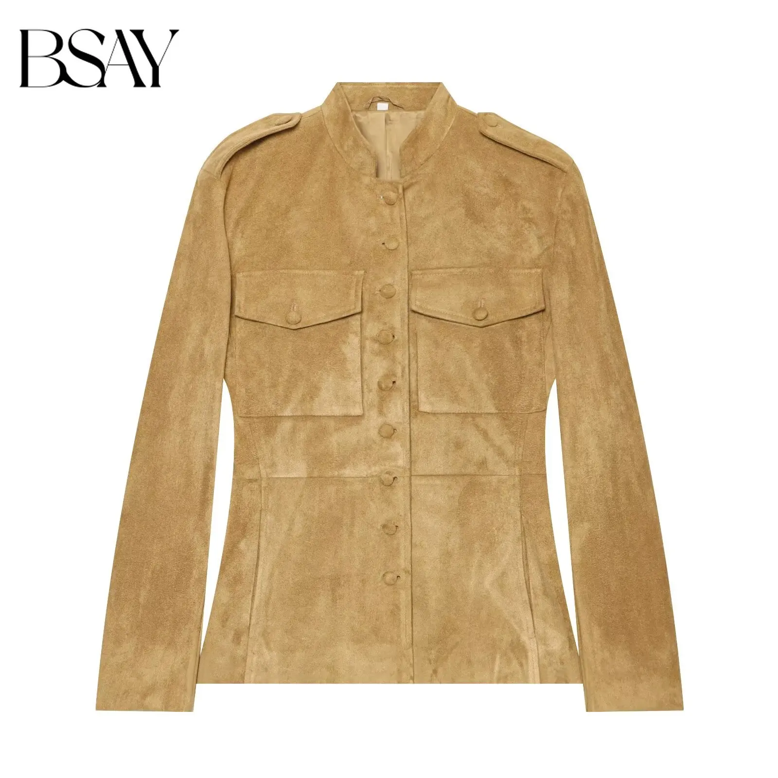 BSAY 2026 Autumn American Vintage Women Suede Jacket Stand Collar Epaulet Multi Pocket Button Front Fitted Waist Retro Outerwear