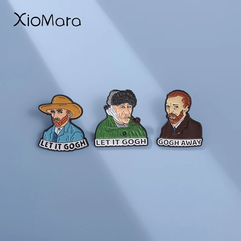 LET IT GOGH Artist Van Gogh Painting Figures Enamel Pins Self-portrait GOGH AWAY Brooches Decoration Lapel Badges Jewelry Gift