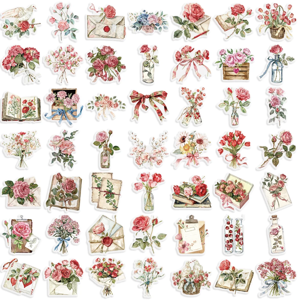 50pcs Floral Stickers Flower Natural Decorative Decals Aesthetic Waterproof PET Sticker for Journaling Notebook Water Bottle