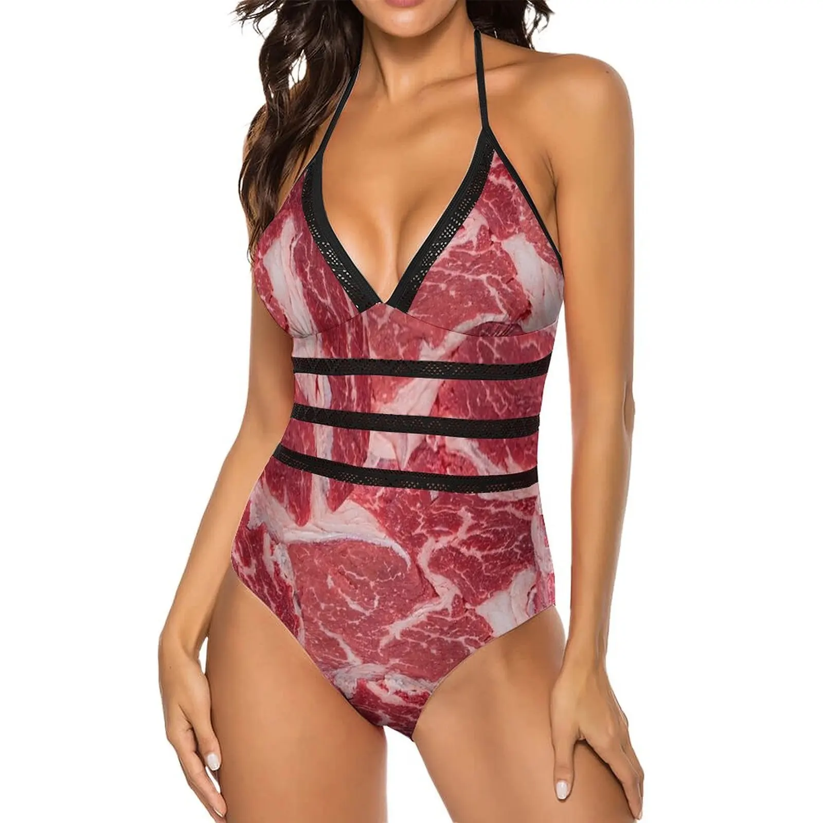 Marbled Beef Funny Print Swimsuit  Novelty Swimwear One-Piece Swim Bodysuit Sexy Halter Beach Outfits