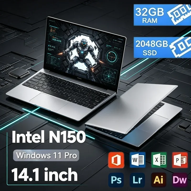 14.1 Inch Ultra Slim Lightweight Laptop Intel N150 32GB RAM 2TB SSD Windows11 Notebook For Home Study Office Daily Entertainment
