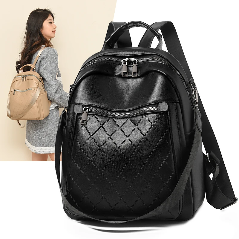 New Vintage Diamond Grid PU Leather Women Backpack Female Leisure Travel Shoulder Bags Fashion Purses Large Capacity Backpacks