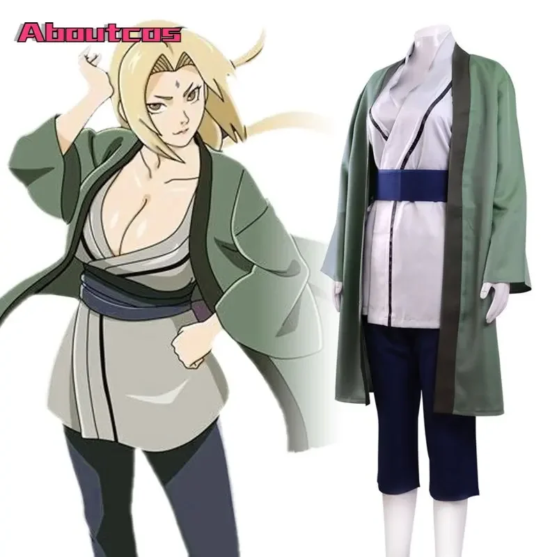 Aboutcos Anime Manga Konoha Hokage Senju Hime Tsunade Cosplay Costume Lady Green Women Kimono Cloak Halloween Clothes