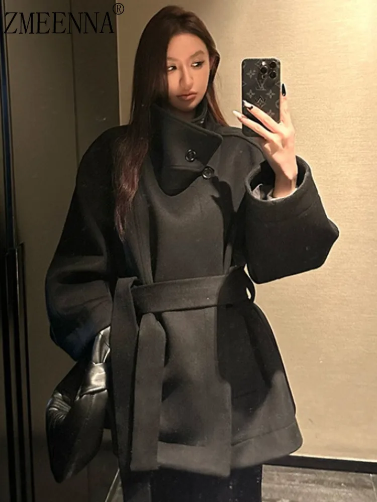 

ZMEENNA Women's Chic Black Wool Blend Short Coat With Belted Waist High Collar Elegant Winter Jacket Stylish Outerwear ZM3344