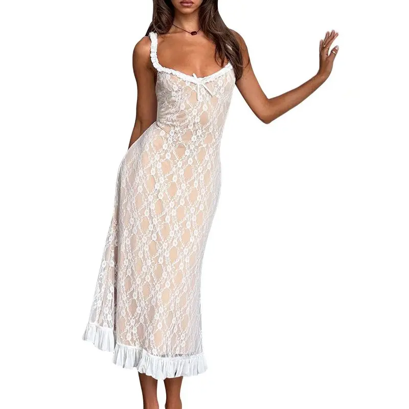 Lace Patchwork Maxi Dress Women Spaghetti Strap Ruffled Backless Lace-Up Slim See Through Long Gown Elegant Night Party Dress