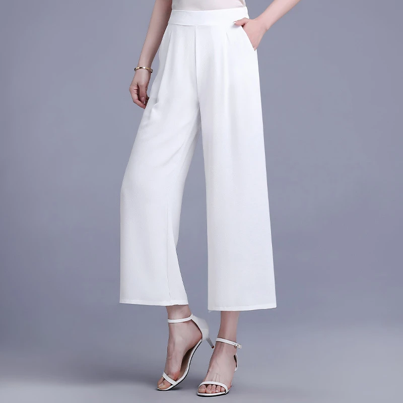 Simplicity Casual Summer Solid Pants Ice Silk Women\'s Elastic Waist Pockets Button Fashion High Waist Wide Leg Cropped Trousers