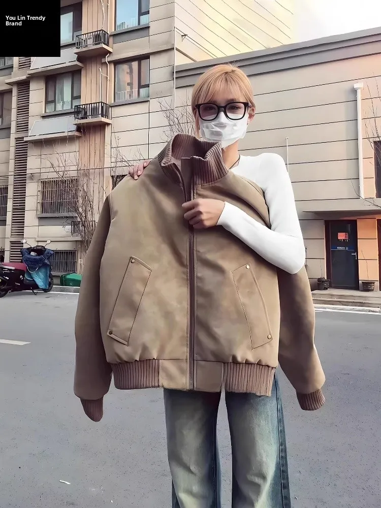 

Khaki Fce Lined Cotton Jaet Men's Women's ort Sle Stand Collar Dyed American Sle Baseball Coat Winter Windproof