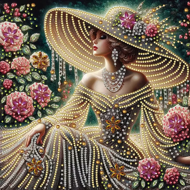 1 Set- Inspired Women's Diamond Painting Kit- Large 30x30cm DIY Mosaic Art, with 3D Irregular/Round Diamonds, Pink/White/Beige R