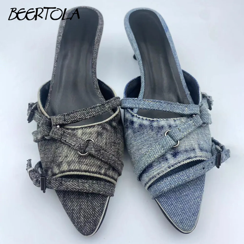 Women's Denim Pointed Toe Slippers Low Heel Denim Strap Buckle Sexy Open Toe Sandals Stiletto Fashion Casual Slippers