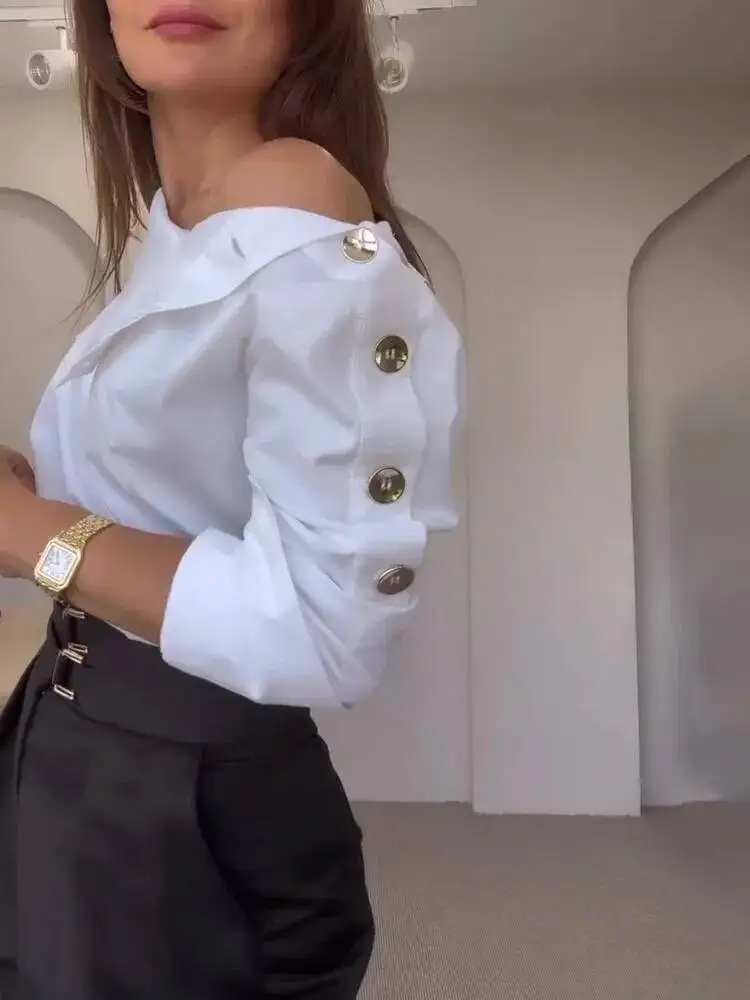 قميص موضة جديدة للنساء 2025 بلوزة نسائية غير رسمية بأكمام طويلة بأزرار ربيعية أنيقة باللون الأبيض قمصان مكتب للسيدات #5