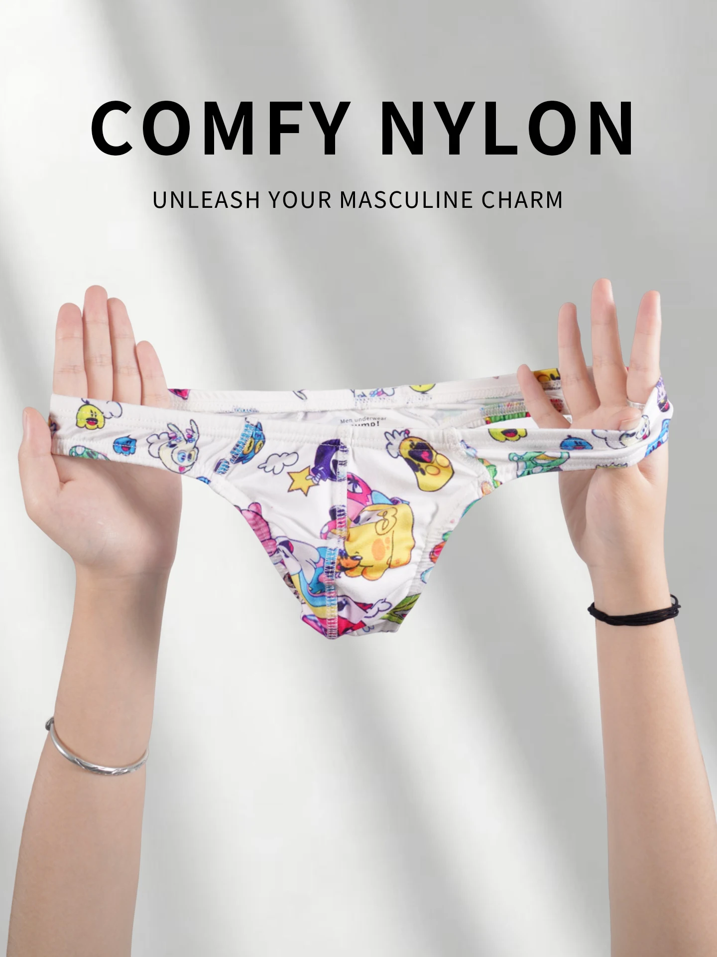 Men's Nylon Cartoon Print Thong, Low Rise Sexy 3D Convex Pouch Underwear, High Elastic Breathable T-Back Briefs