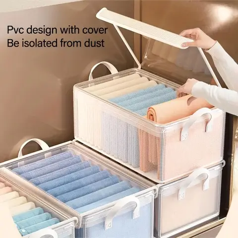 2-8개 대형 PVC 보관함(뚜껑 포함) - 접이식 방진 의류 및 바지 정리 가방 - 가정 및 기숙사 방 정리용