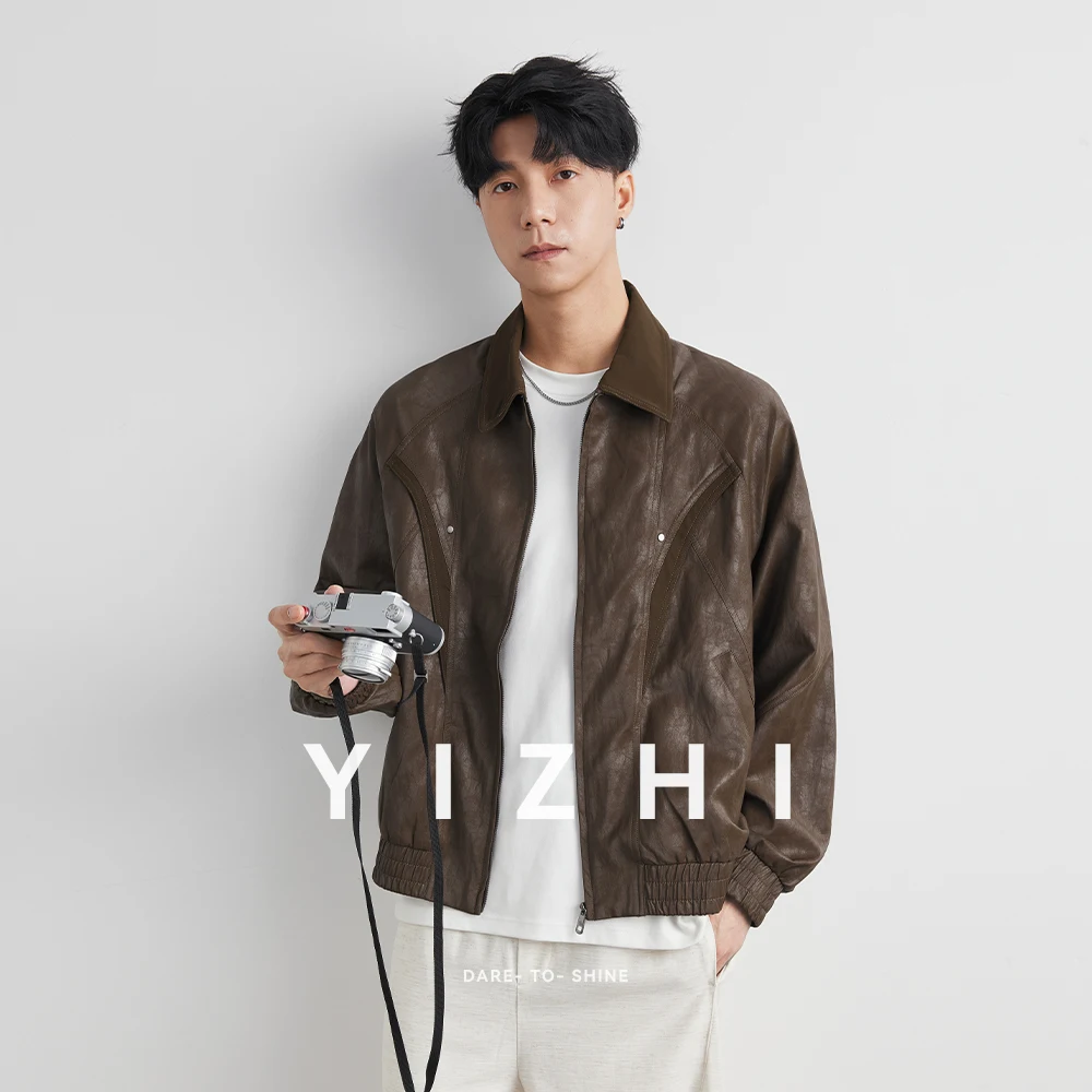 2025 Spring New Men's Cool Handsome Retro Distressed Brown Pu Leather jacket Men Zipper Luxury Designer American Vintage Clothes - Image 3