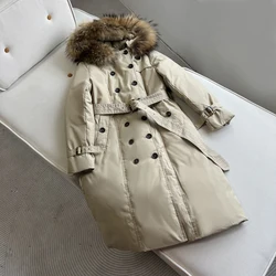 Trench coat com capuz de pato, colarinho de pele grande quente, trespassado duplo, parka longa, 90 branco, novo, outono, inverno, 2023