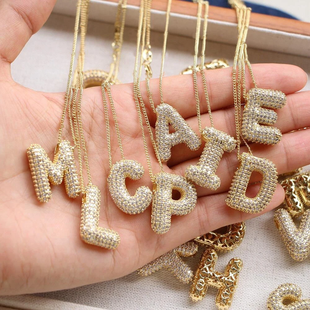 2024 New Stainless Steel Bubble Letter Necklace for Women Girls Shiny Zircon Rhinestone Alphabet 26 A-Z Dainty Balloon Choker