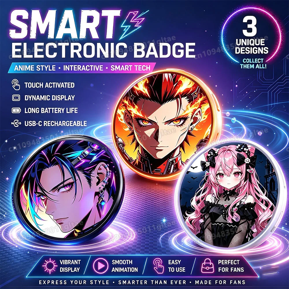 Upgraded With Sound Smart Bluetooth Anime Digital E-Badge Electronic Merchandise Badge Digital Pin Anime Dynamic Display E-badge