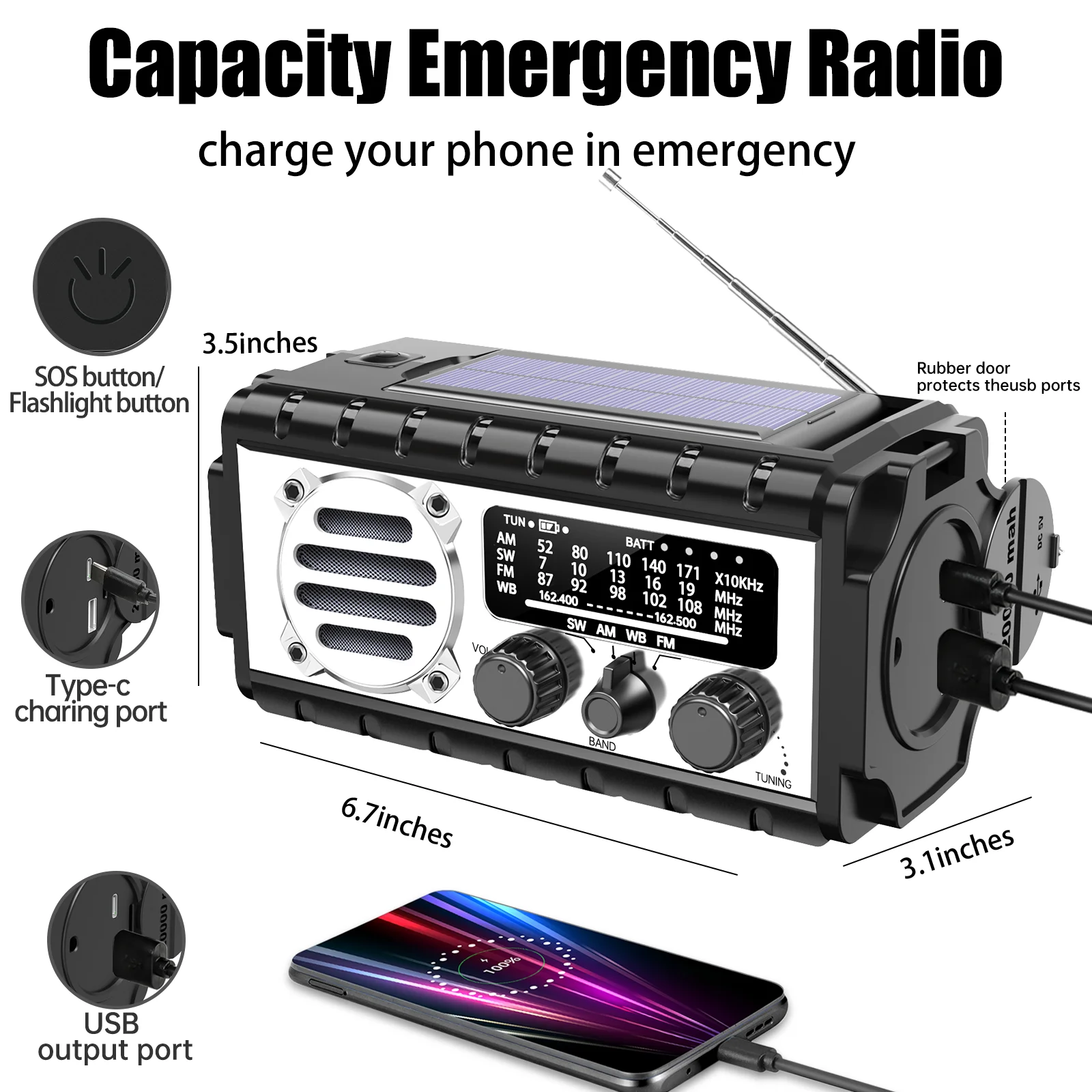 Woopker Radio XSY-350 20000mAh FM Emergency Radio Solar Hand-crank USB Charging SW/AM/FM Power Bank Flashlight SOS Alarm 2025