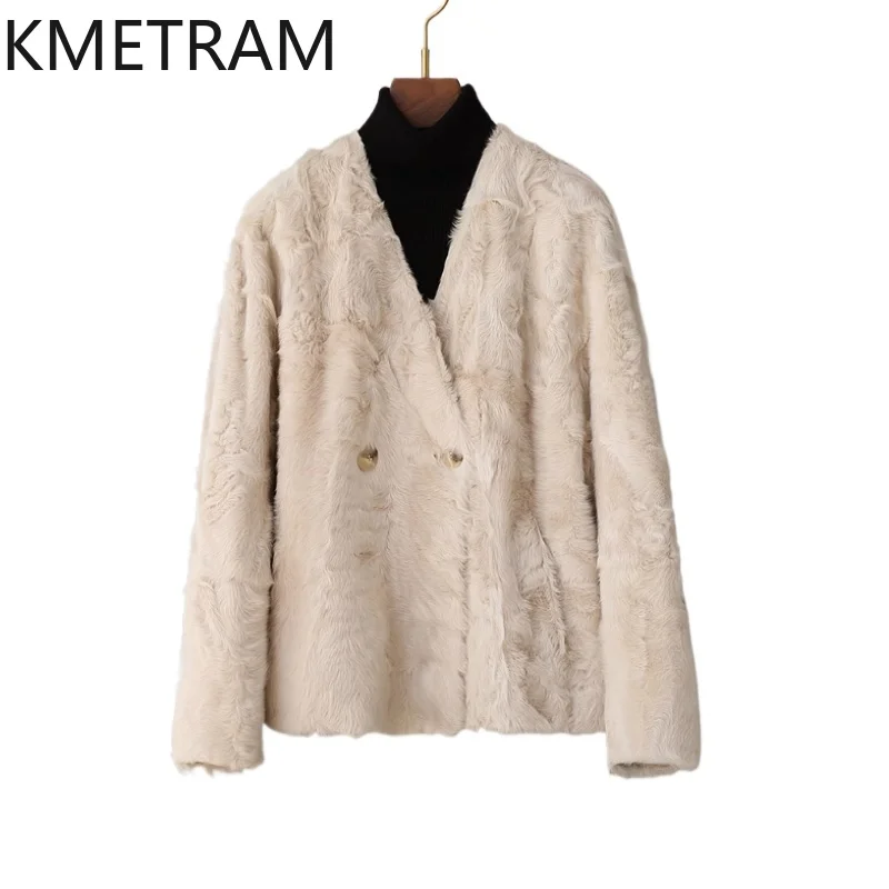

KMETRAM 100% Natural Wool Sheepskin Double Faced Fur Coat Woman Luxury Short V-neck Real Fur Jacket Winter Clothes 2025 шуба