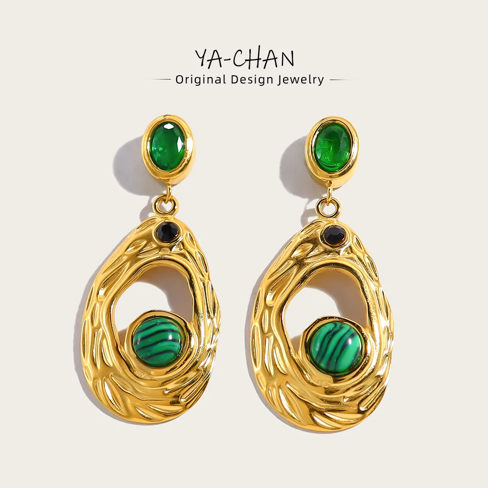 YACHAN Stainless Steel Luxury Green Stone Zircon Drop Earrings for Women Irregular Dangle Earring Aesthetic Jewelry